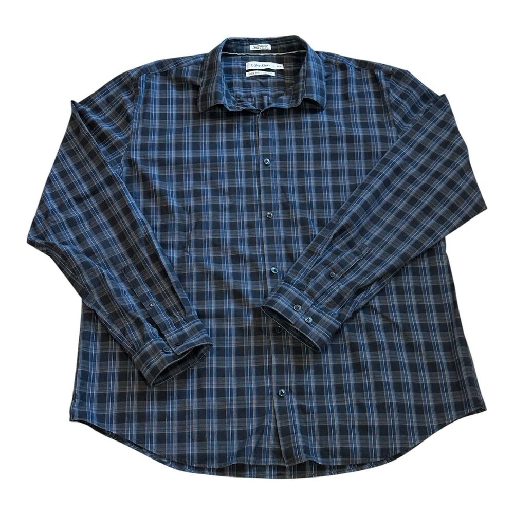 Calvin Klein Mens XL Long Sleeve Button Down Shirt Blue Plaid Cool Tech Non-Iron